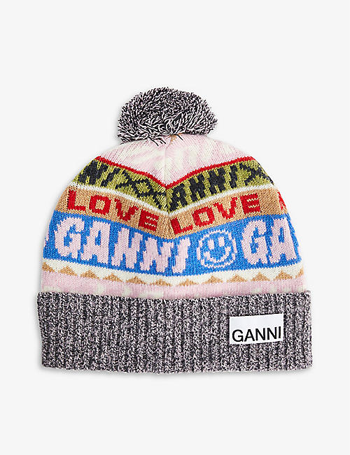 GANNI: Logo-patch wool, recycled-wool and recycled-polyamide blend beanie hat