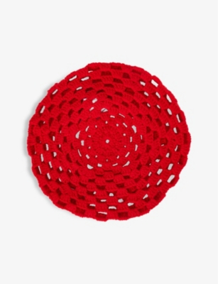 Ganni Logo-patch Recycled-wool And Recycled-polyamide Blend Crochet Beret In Fiery Red