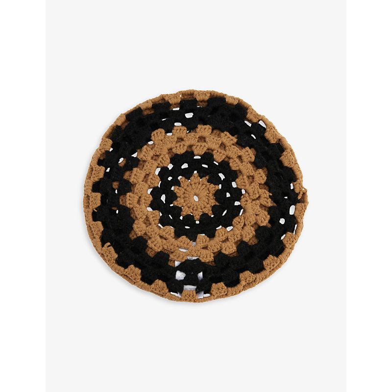 GANNI LOGO-PATCH RECYCLED-WOOL AND RECYCLED-POLYAMIDE BLEND CROCHET BERET