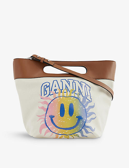 GANNI: Smiley graphic-print recycled cotton-blend tote bag