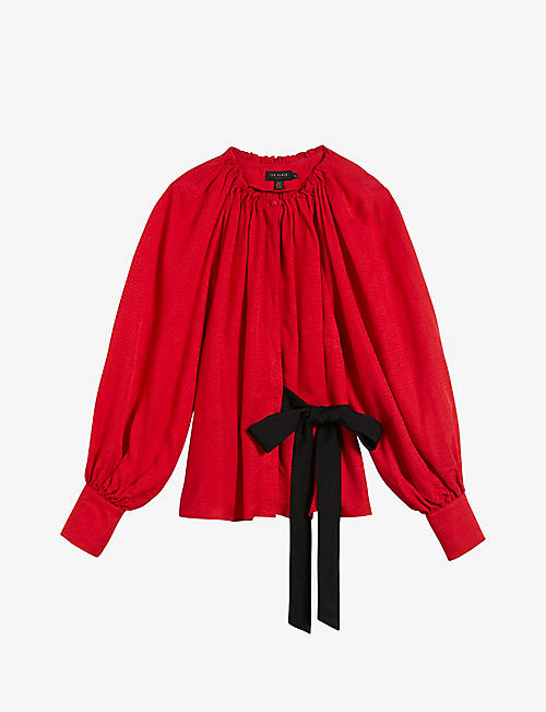 TED BAKER: Tryniti gathered-detail contrast-tie woven blouse