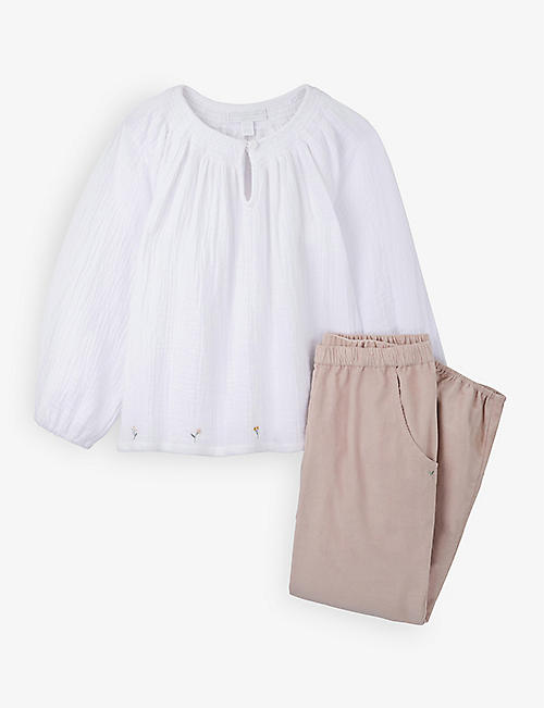 THE LITTLE WHITE COMPANY: Flower-embroidered cotton blouse and trousers two-piece set