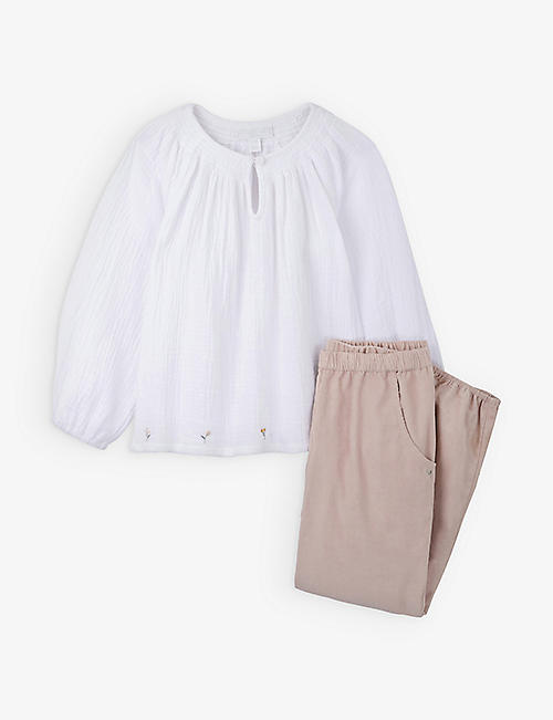 THE LITTLE WHITE COMPANY: Flower-embroidered cotton blouse and trousers two-piece set 18 months - 6 years