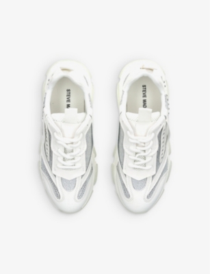 Shop Steve Madden Girls White Kids Possession R Embellished Faux-leather And Mesh Trainers 7-9 Years