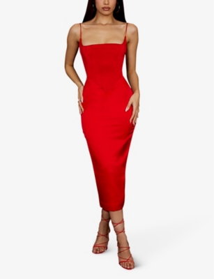 Shop House Of Cb Anais Slim-fit Satin Midi Dress In Scarlet