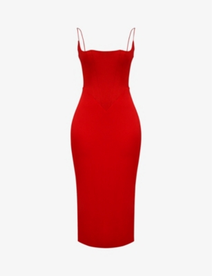 Shop House Of Cb Anais Slim-fit Satin Midi Dress In Scarlet