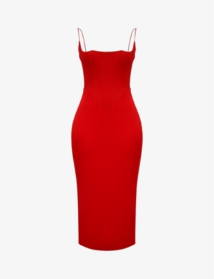 House Of Cb Anais Slim-fit Satin Midi Dress In Scarlet