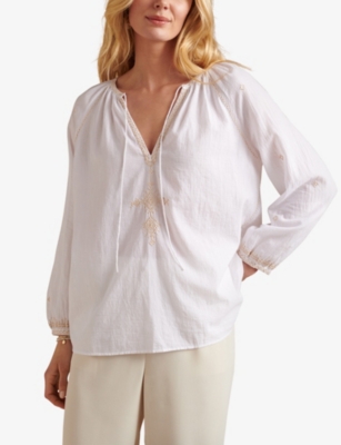 Womens Whtenaturl Embroidered Organic-cotton Blouse