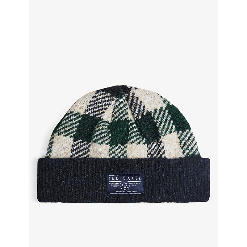TED BAKER LILTHER LOGO-PATCH CHECKED STRETCH-KNIT BEANIE