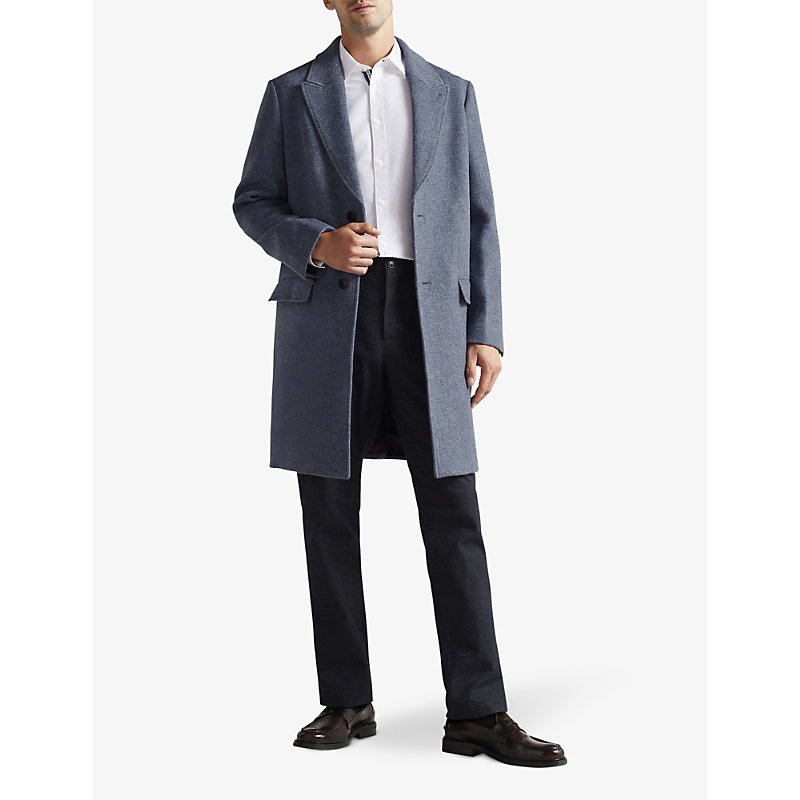 Shop Ted Baker Mens Mid-blue Raydon Peak-lapel Single-breasted Wool Coat