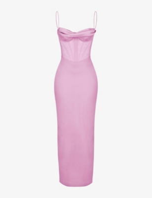 House Of Cb Womens Pink Charmaine Corset Satin Maxi Dress