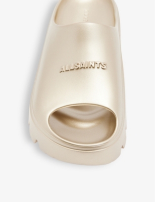 Shop Allsaints Women's Metallic Gold Eclipse Logo-embossed Rubber Sliders