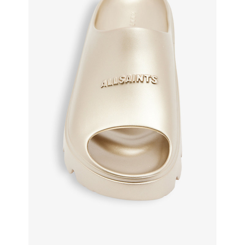 Shop Allsaints Eclipse Logo-embossed Rubber Sliders In Metallic Gold