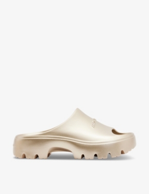 Allsaints Womens Metallic Gold Eclipse Logo-embossed Rubber Sliders In Metallic Gold