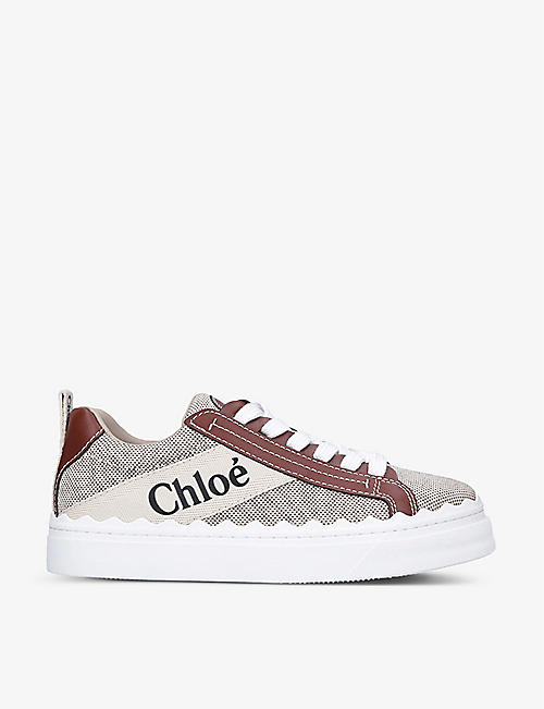 CHLOE: Lauren brand-print linen and leather low-top trainers