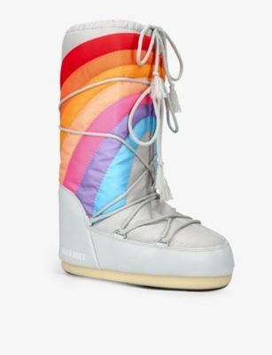 Moon Boot Icon Rainbow Printed Shell And Faux Leather Snow Boots In White/comb