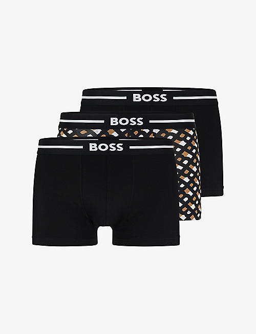 BOSS: Logo-print pack-of-three stretch-cotton trunks