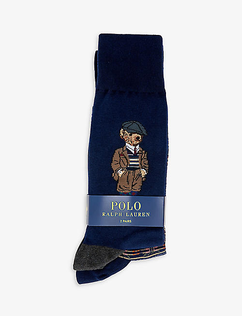 POLO RALPH LAUREN: Bear-pattern pack of two cotton-blend socks