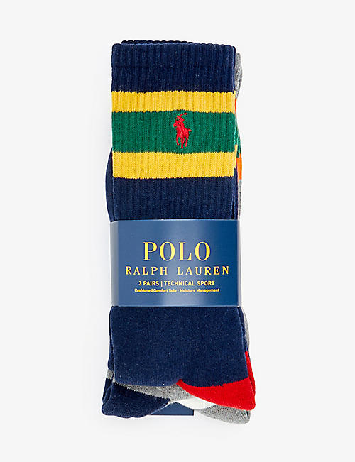 POLO RALPH LAUREN: Logo-embroidered striped-trim pack of three stretch-cotton blend socks