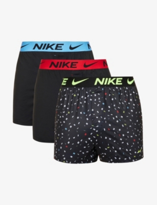 NIKE NIKE MEN'S SWOOSHFETTI/BLACK/RED PACK OF THREE BRANDED-WAISTBAND RECYCLED-POLYESTER BOXERS,60240768