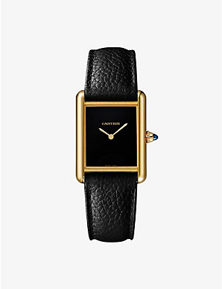 CARTIER: CRWGTA0160 Tank Louis Cartier 18ct yellow-gold, sapphire and leather quartz watch