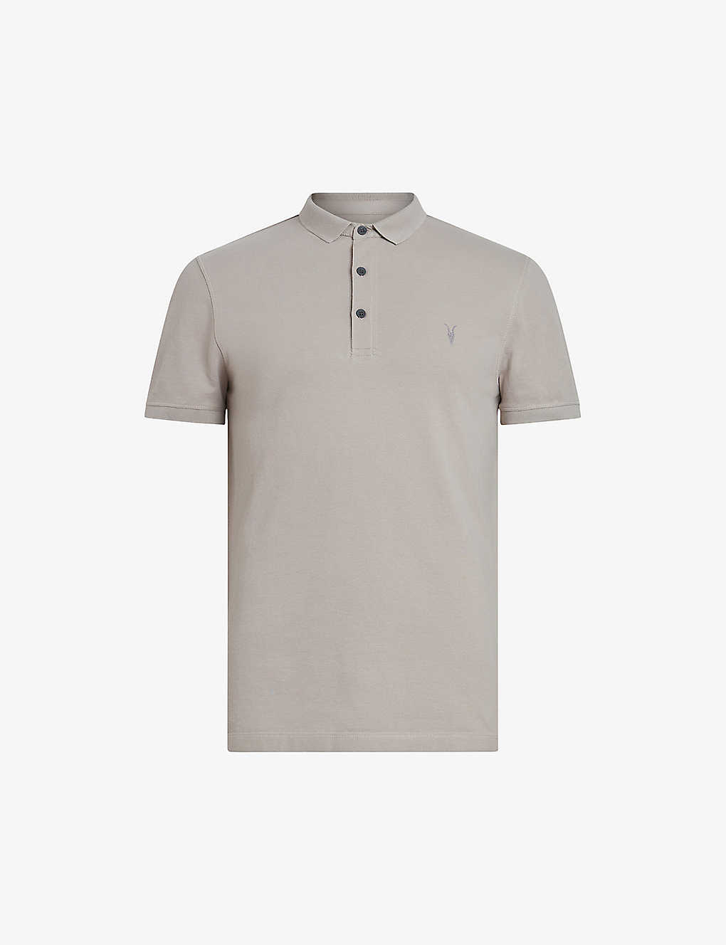 Allsaints Mens Frosted Taupe Frosted Ramskull-embroidered Organic-cotton Polo Shirt