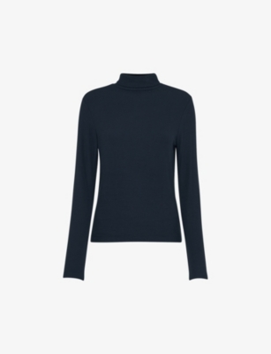 Whistles Womens Navy Ribbed Polo-neck Stretch-woven Top In Blue