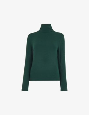 Whistles Womens Dark Green Ribbed Polo-neck Stretch-woven Top