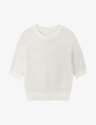 The White Company Womens Porcelain Open-knit Organic-cotton Blend T-shirt