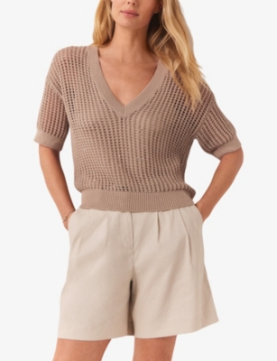 Shop The White Company Womens Taupe Open-knit Organic-cotton Blend T-shirt