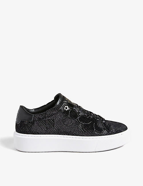 TED BAKER: Lorinie floral-pattern platform-sole velvet and leather low-top trainers