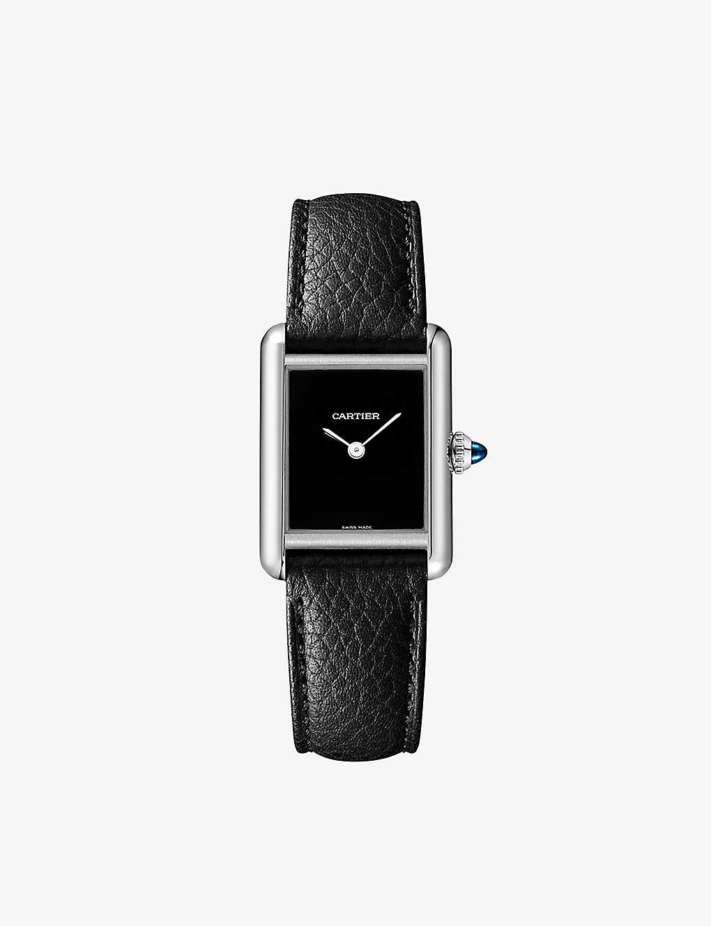 Cartier Womens Black Crwsta0084 Tank Must De Small Stainless-steel And Grained-leather Quartz Watch