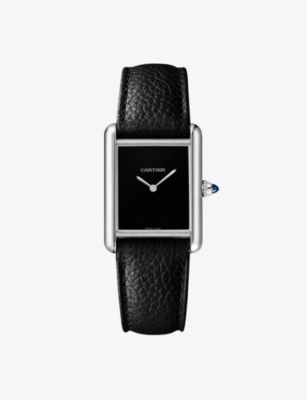 Cartier Womens Black Crwsta0085 Tank Must De Large Stainless-steel And Grained-leather Quartz Watch