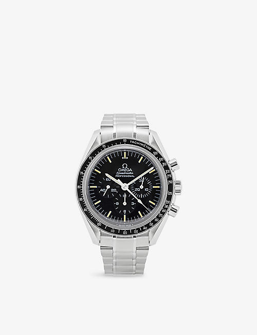 BUCHERER CERTIFIED PRE OWNED: Pre-loved Omega J34979 Speedmaster stainless-steel and leather automatic watch