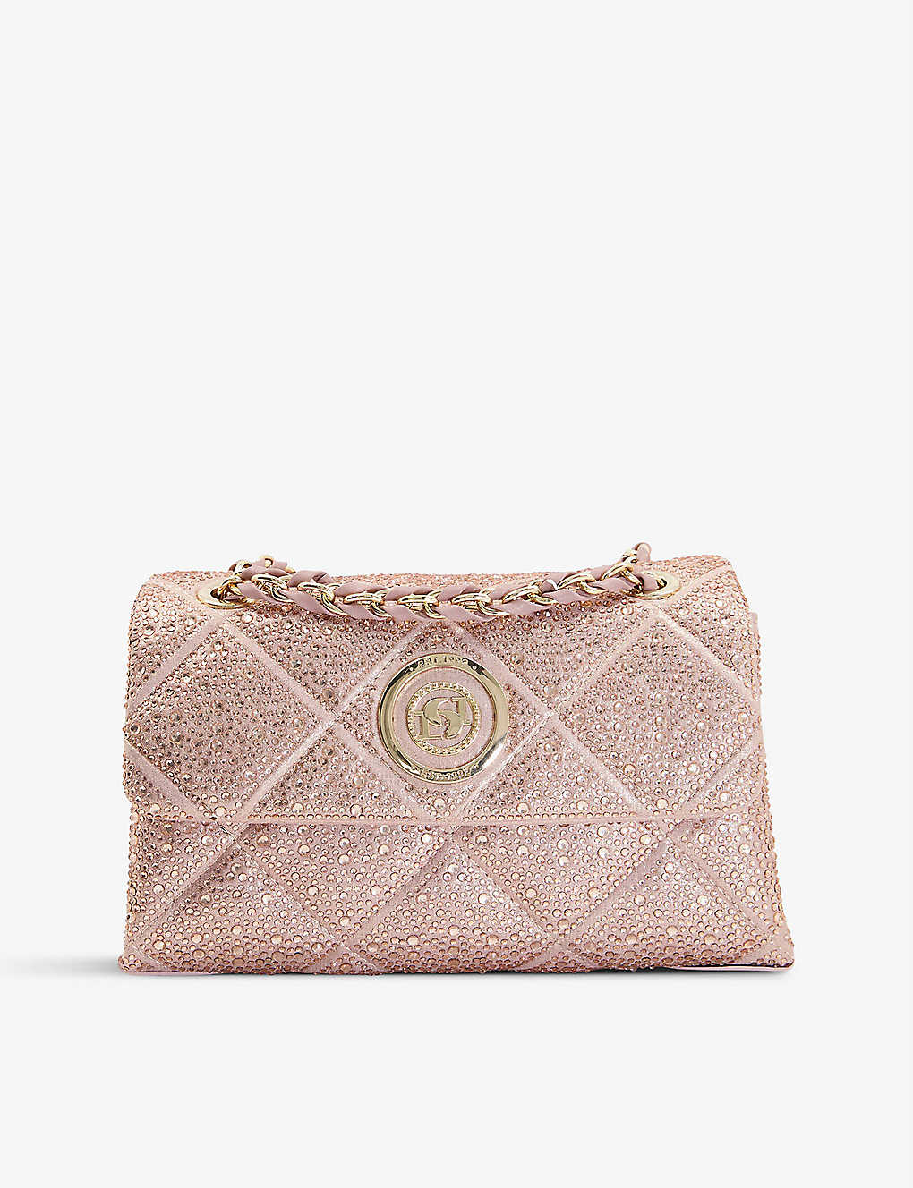 Dune Duchess Diamante-embellished Quilted Woven Shoulder Bag In Rose-gold Diamante