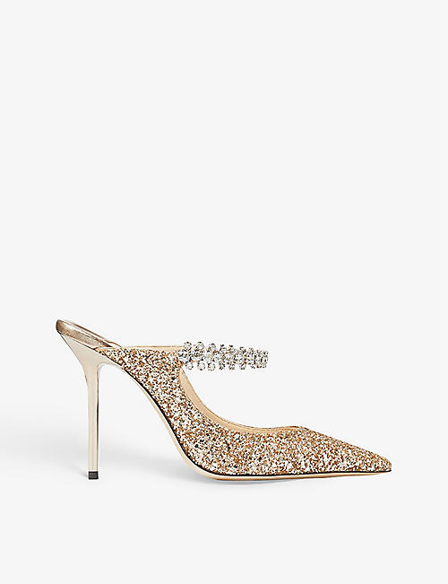 JIMMY CHOO: Bing 100 crystal-embellished glitter-tulle heeled mules