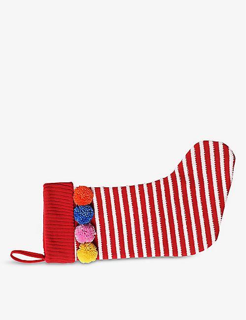 PAPERCHASE: Candy Land striped pompom-embellished woven Christmas stocking