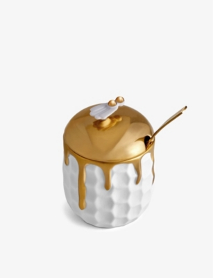 L'objet Beehive Porcelain And 24ct Gold-plated Honeypot With Spoon 13cm