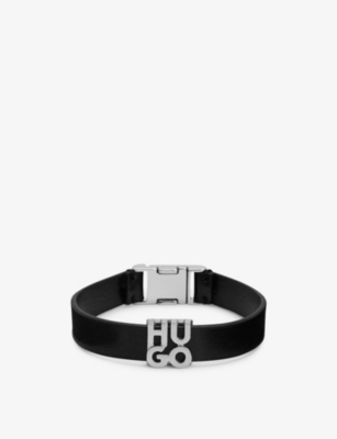 HUGO: Stacked-logo zinc and leather bracelet
