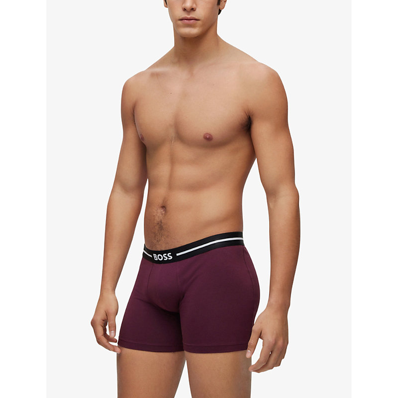 HUGO BOSS PACK OF THREE BRANDED-WAISTBAND STRETCH-COTTON BOXER BRIEFS 