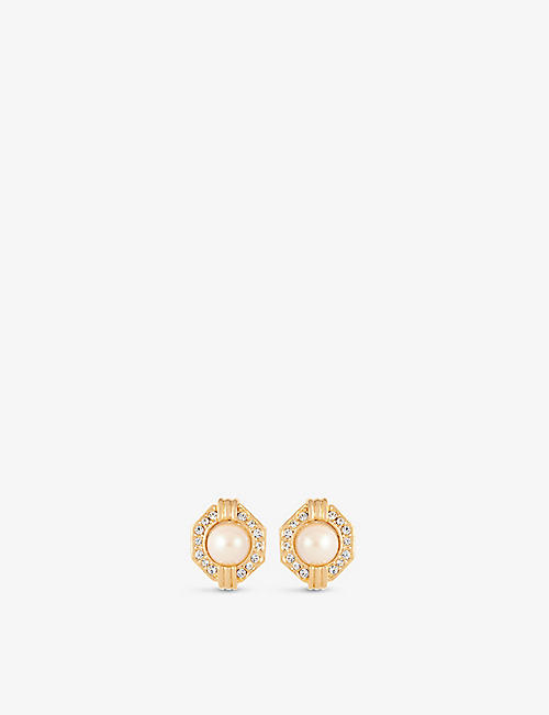 SUSAN CAPLAN: Pre-loved Rediscovered yellow gold-plated metal faux-pearl and Swarovski crystal stud earrings