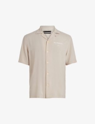 Allsaints Mens Clifftop Taupe Printed-logo Woven Bowling Shirt