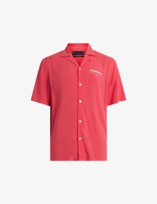 Shop Allsaints Mens Hot Pink Underground Short-sleeved Woven Bowling Shirt