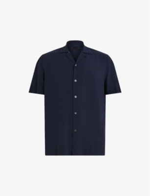 Allsaints Mens Ink Navy Printed-logo Woven Bowling Shirt