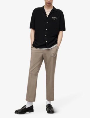 Shop Allsaints Men's Jet Black/ecru Underground Short-sleeved Woven Bowling Shirt