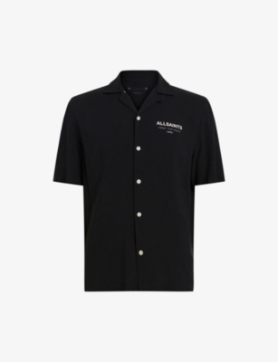 Allsaints Printed-logo Woven Bowling Shirt In Jet Black/ecru