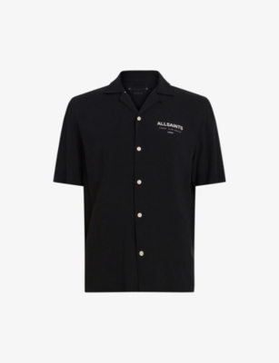 Allsaints Printed-logo Woven Bowling Shirt In Jet Black/ecru