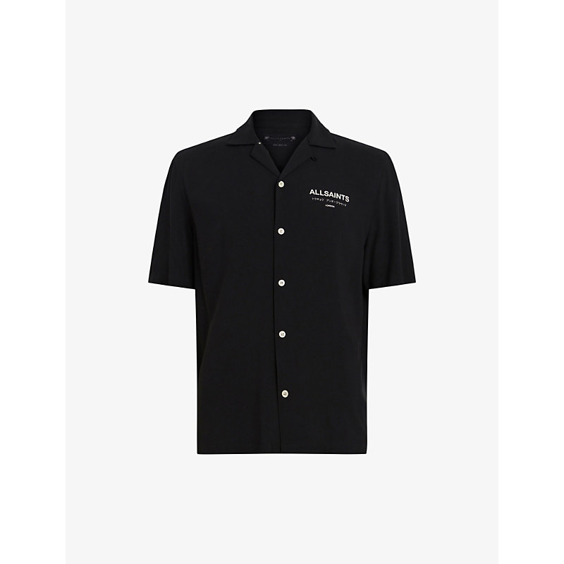 Allsaints Printed-logo Woven Bowling Shirt In Jet Black/ecru