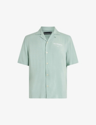 Shop Allsaints Men's Teal Green Underground Short-sleeved Woven Bowling Shirt