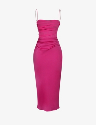 House Of Cb Womens Hot Pink Teia Sweetheart-neck Satin-crepe Midi Dress
